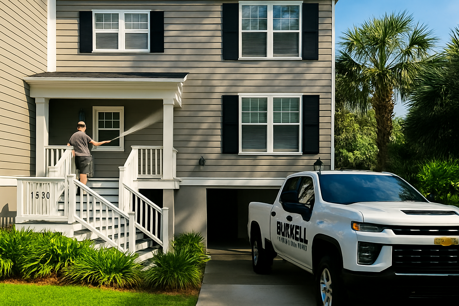 Professional exterior house washing at a coastal home in Citrus County with a Brackell Pressure Washing truck and technician cleaning the upper level