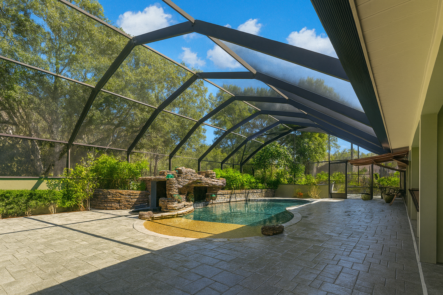 Pool cage and patio area cleaned and restored by Brackell Pressure Washing in Pine Ridge, Florida.