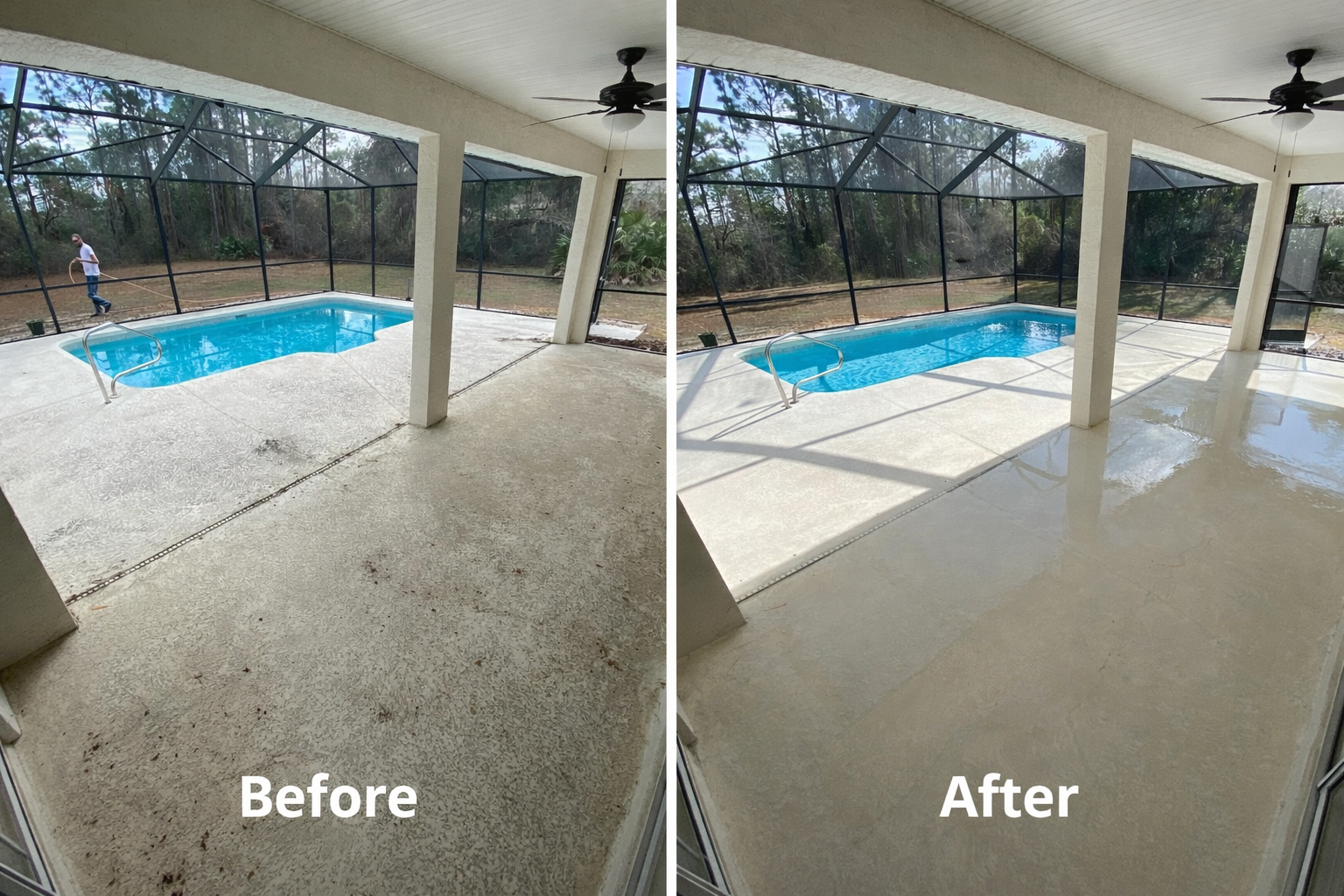 Brackell Pressure Washing 4 before and after lanai and pool deck cleaning in Pine Ridge FL showing removal of dirt algae and buildup with soft washing